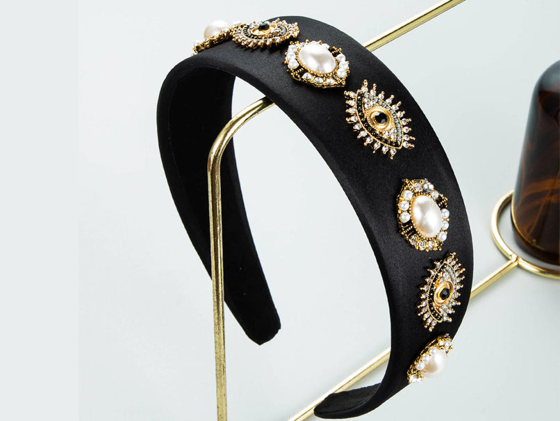 Baroque Vintage Pearl Evil Eye Hair Band - Black