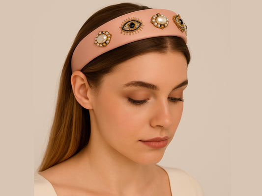 Baroque Vintage Pearl Evil Eye Hair Band - Peach
