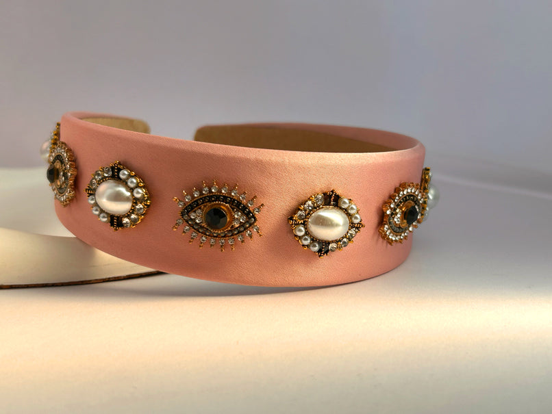 Baroque Vintage Pearl Evil Eye Hair Band - Peach