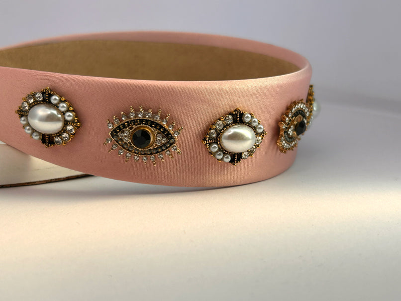 Baroque Vintage Pearl Evil Eye Hair Band - Peach
