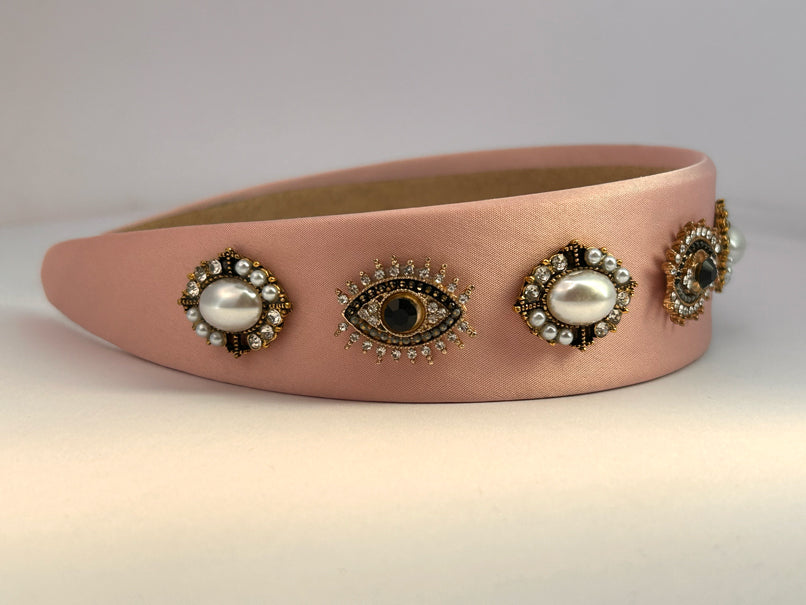 Baroque Vintage Pearl Evil Eye Hair Band - Peach