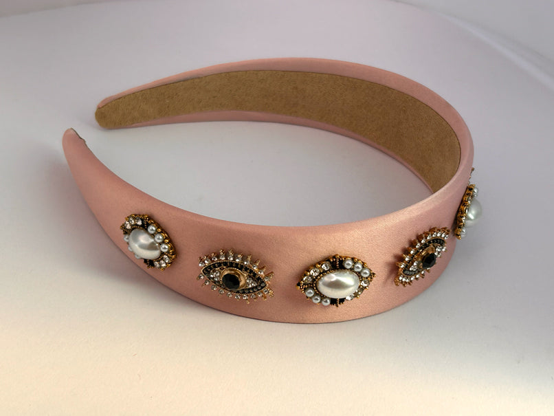 Baroque Vintage Pearl Evil Eye Hair Band - Peach