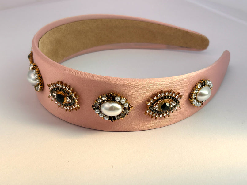 Baroque Vintage Pearl Evil Eye Hair Band - Peach