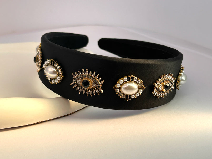 Baroque Vintage Pearl Evil Eye Hair Band - Black
