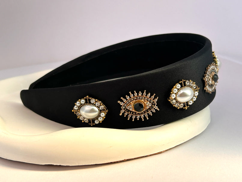 Baroque Vintage Pearl Evil Eye Hair Band - Black