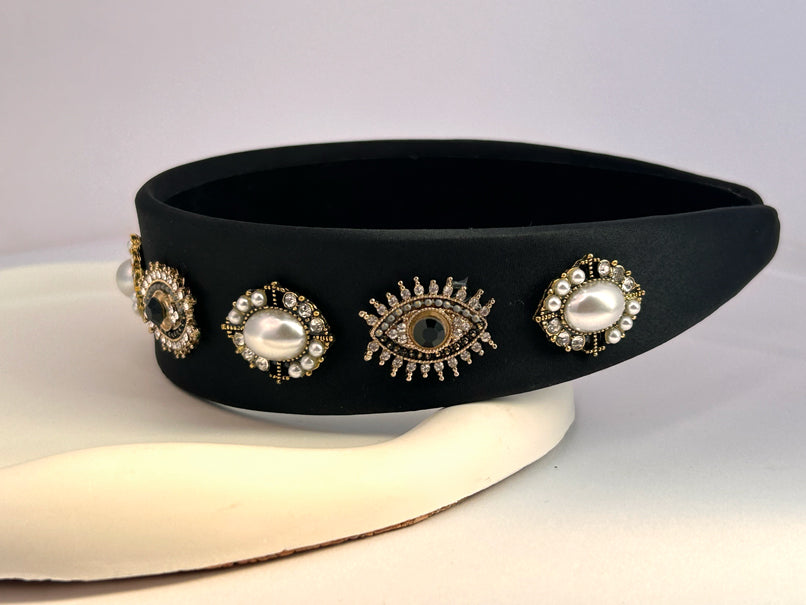 Baroque Vintage Pearl Evil Eye Hair Band - Black