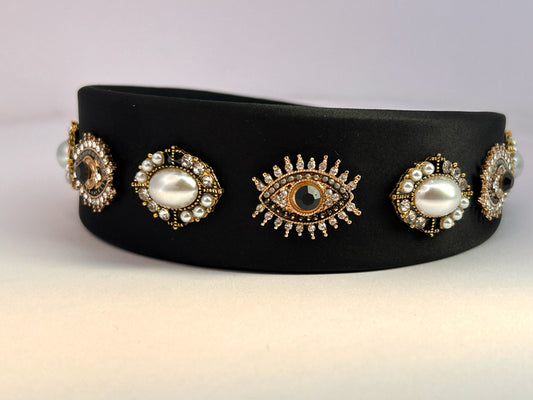 Baroque Vintage Pearl Evil Eye Hair Band - Black