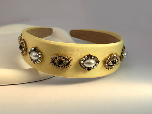 Baroque Vintage Pearl Evil Eye Hair Band - Yellow