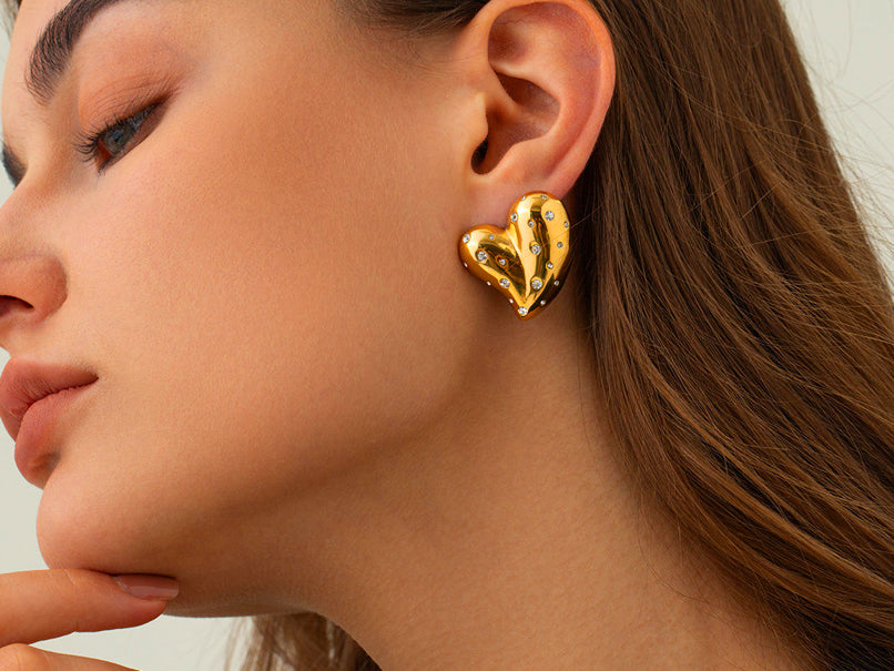 Gold Heart Rhinestone Studs