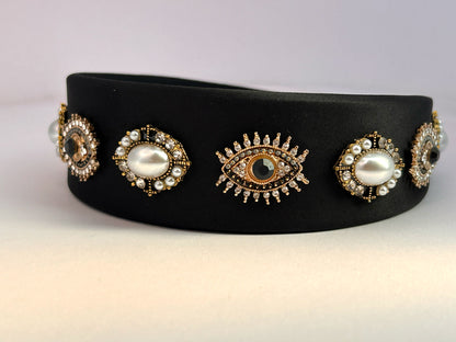 Baroque Vintage Pearl Evil Eye Hair Band - Black