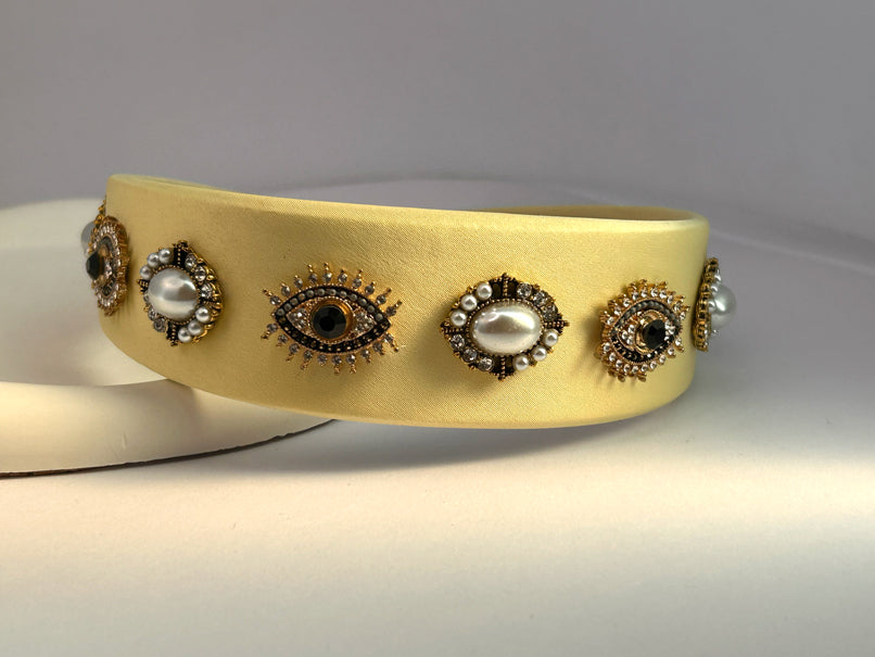 Baroque Vintage Pearl Evil Eye Hair Band - Yellow