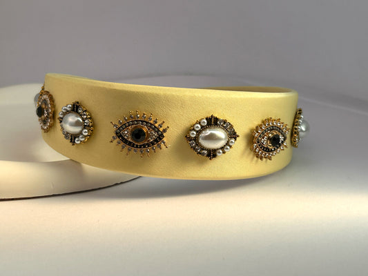 Baroque Vintage Pearl Evil Eye Hair Band - Yellow