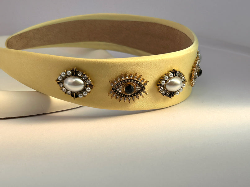 Baroque Vintage Pearl Evil Eye Hair Band - Yellow