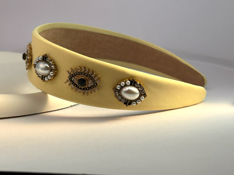 Baroque Vintage Pearl Evil Eye Hair Band - Yellow