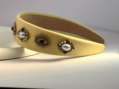 Baroque Vintage Pearl Evil Eye Hair Band - Yellow