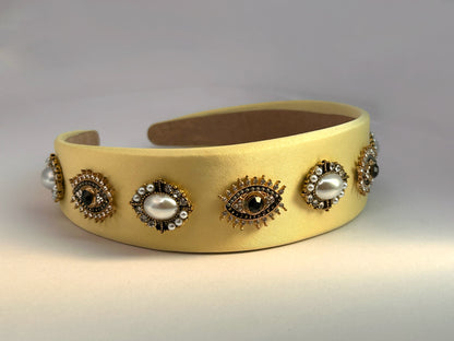 Baroque Vintage Pearl Evil Eye Hair Band - Yellow
